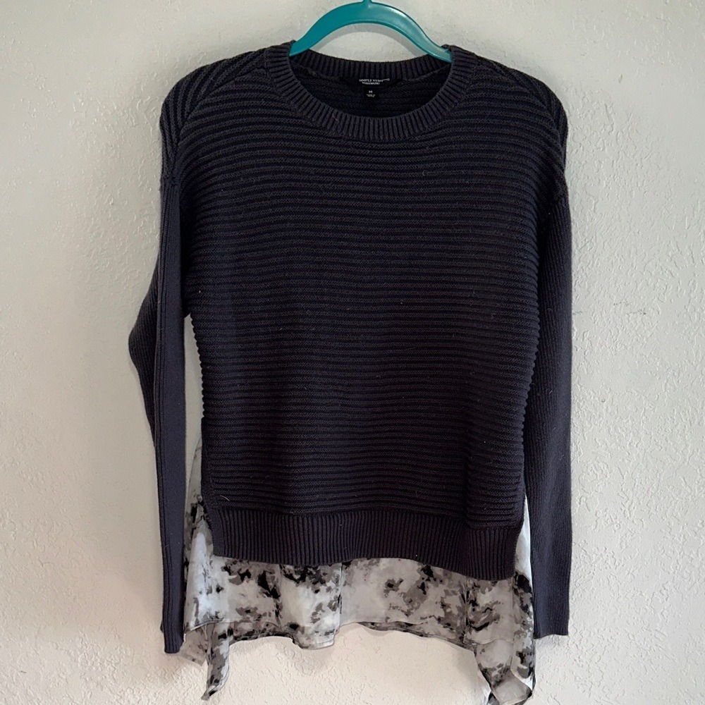 Simply Vera Vera Wang Womens Grey Ribbed Knit Layered Chiffon Hem Sweater M